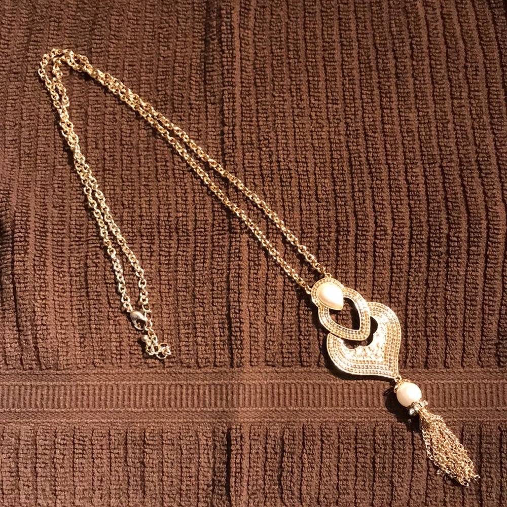 Gold Tone Pearl/Cubic Zirconia Necklace/Tassel 20”